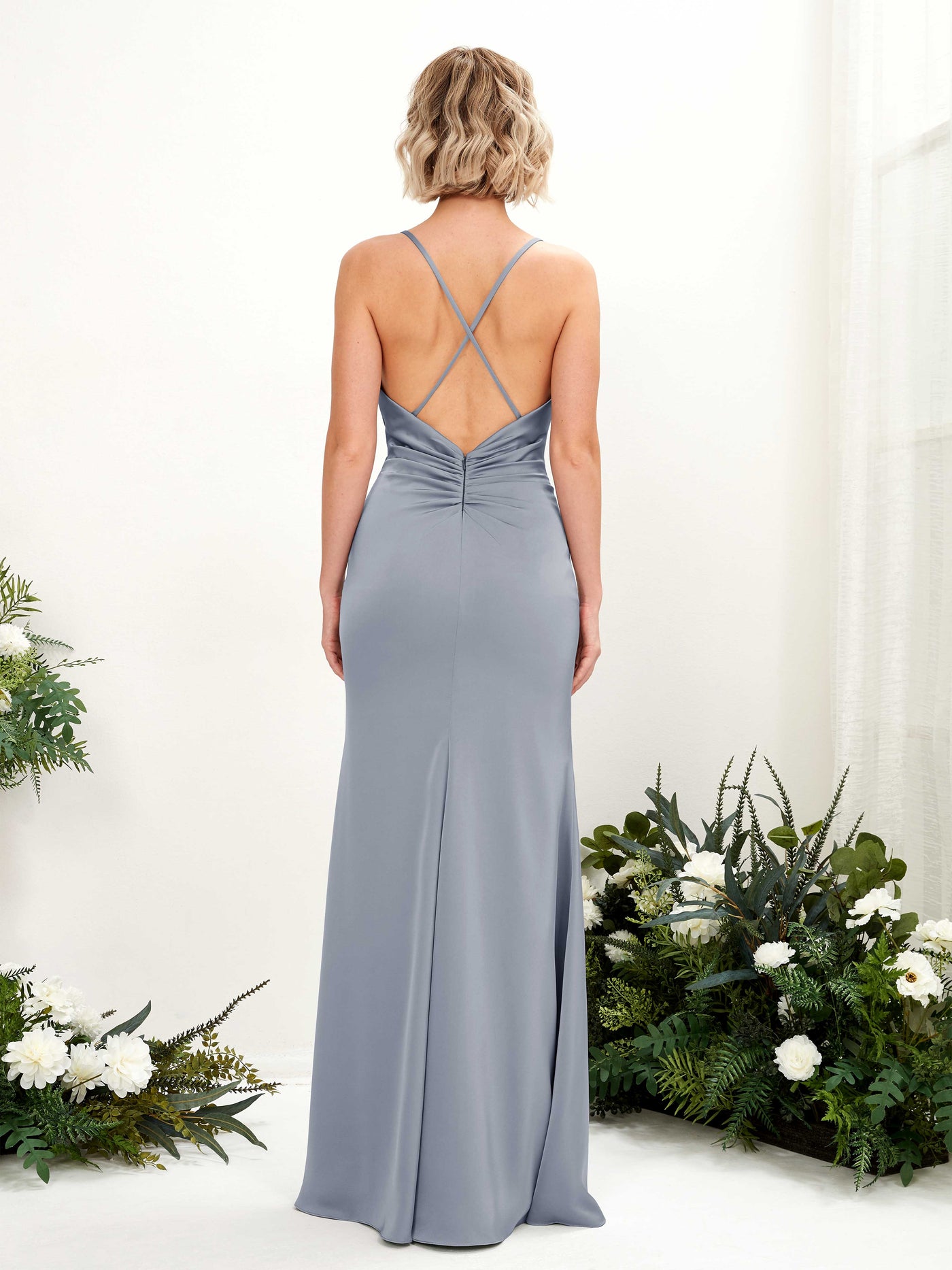 Carlyna Col bénitier Longueur ras du sol Satin Robe demoiselle d'honneur Bleu Poussiéreux #couleur_bleu-poussi-reux