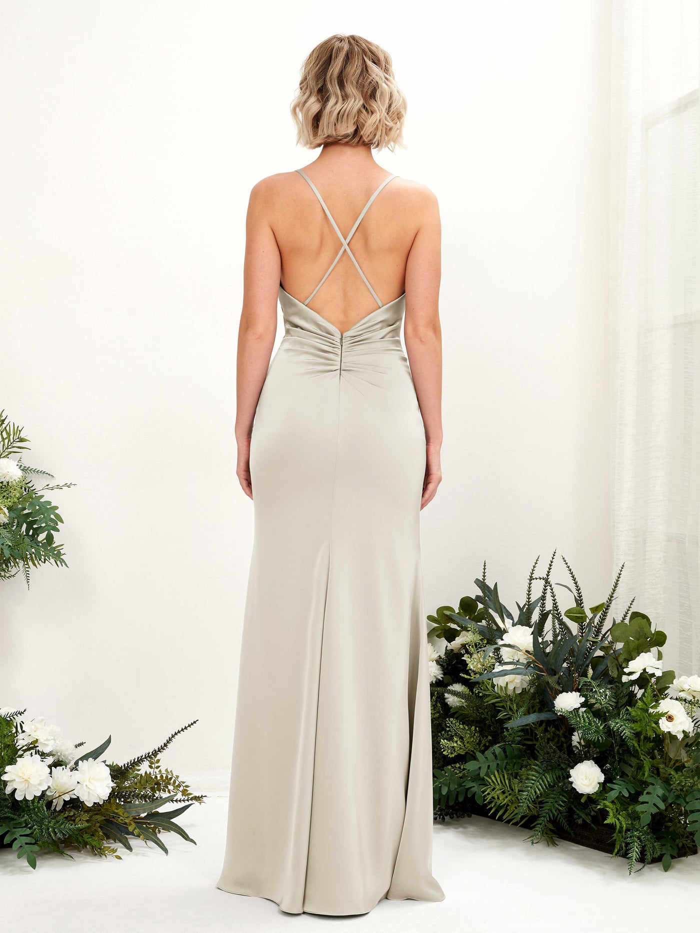 Carlyna Col bénitier Longueur ras du sol Satin Robe demoiselle d'honneur Champagne #couleur_champagne