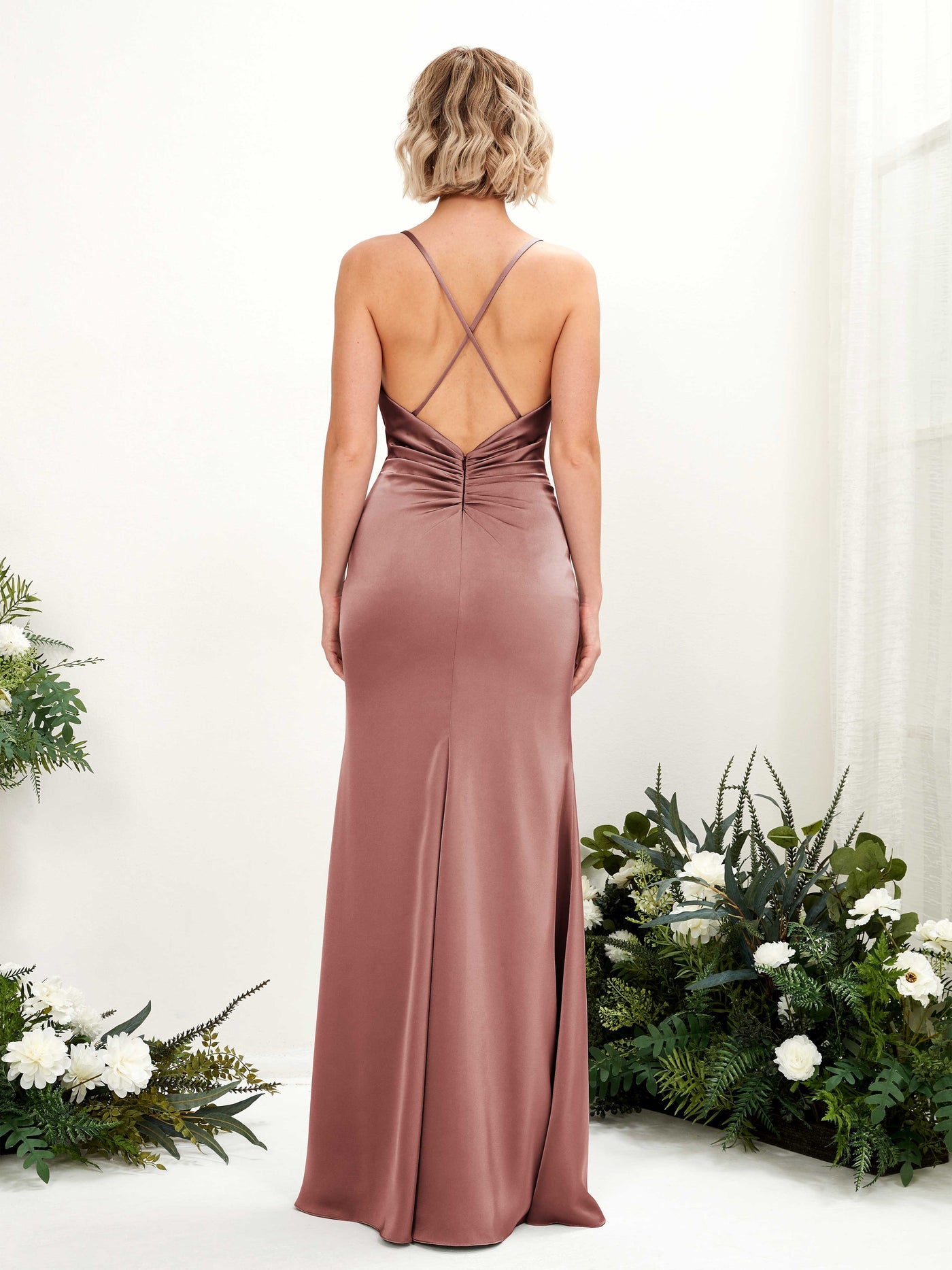 Carlyna Col bénitier Longueur ras du sol Satin Robe demoiselle d'honneur Rose Du Désert #couleur_rose-du-d-sert