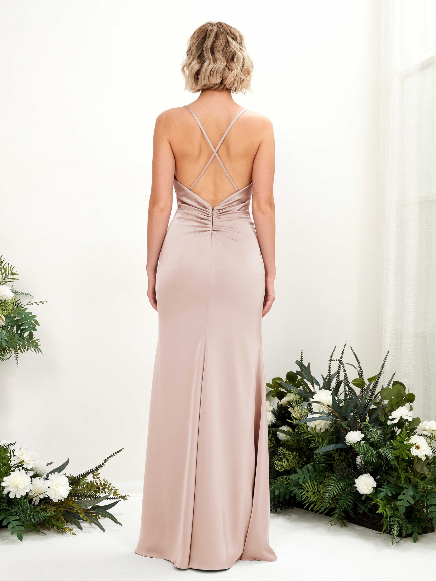 Carlyna Col bénitier Longueur ras du sol Satin Robe demoiselle d'honneur Rose Perle #couleur_rose-perle