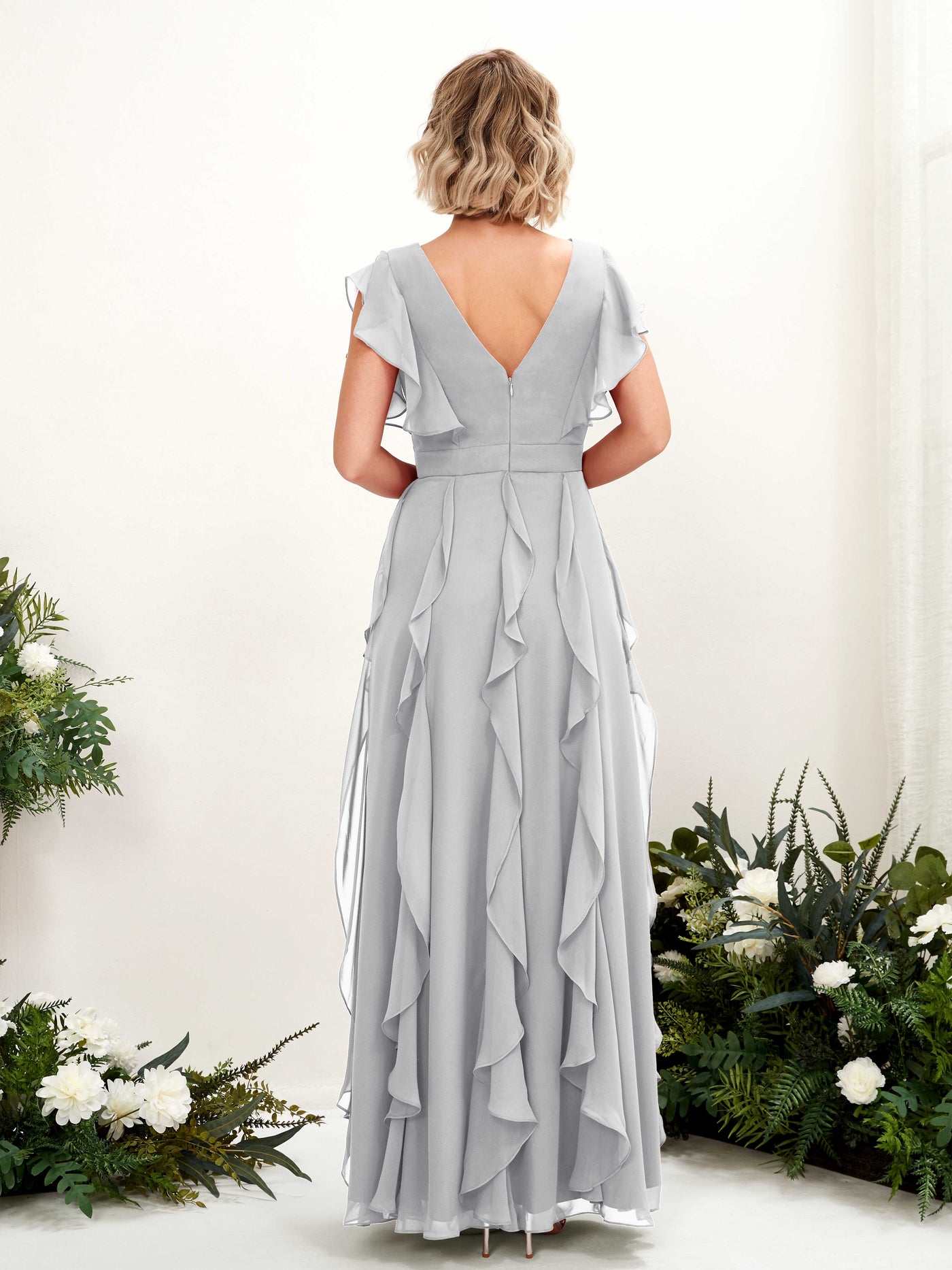 Carlyna Col V Longueur Ras du Sol Froncé Robe de Demoiselle d'Honneur Argent #couleur_argent