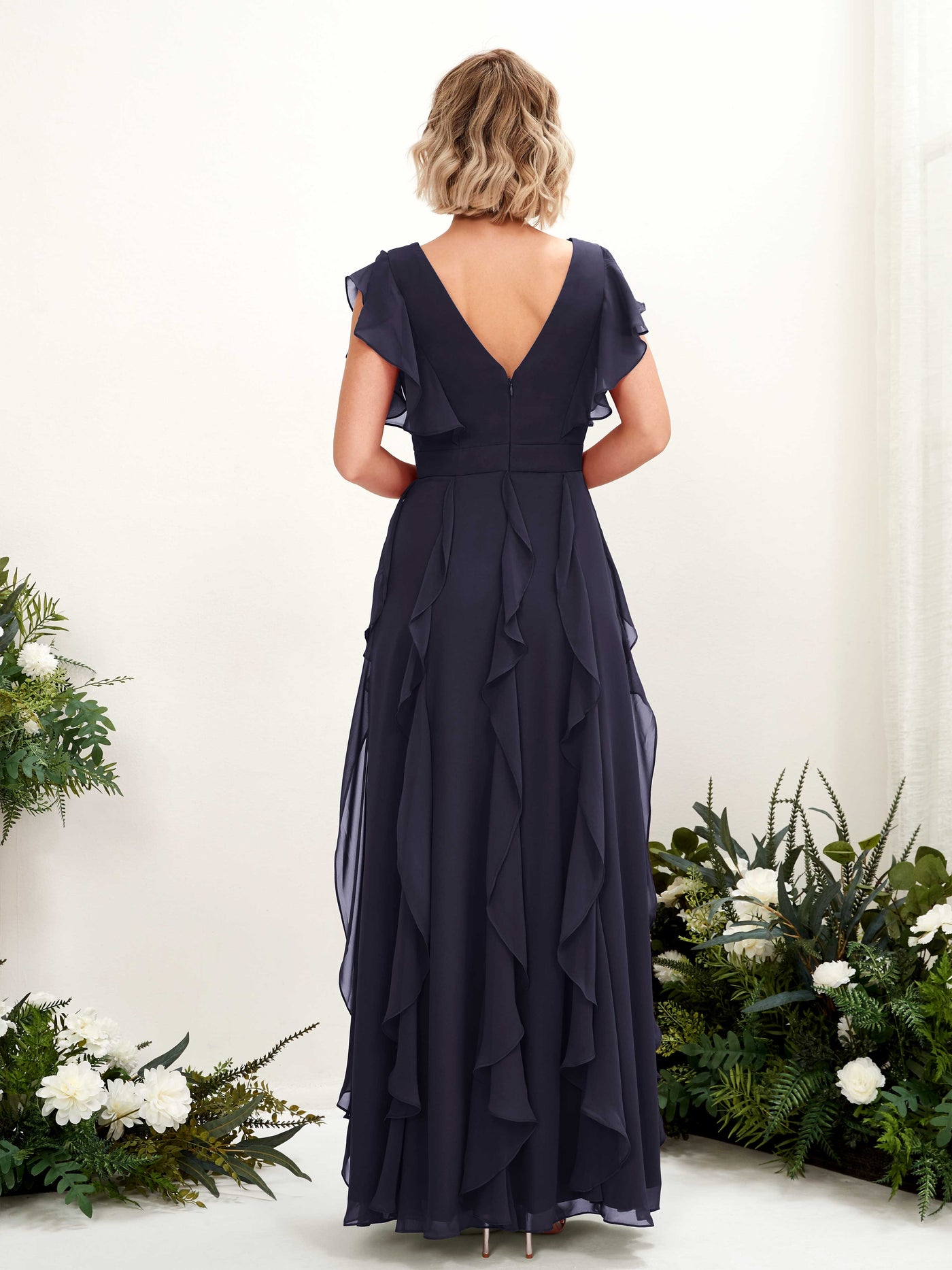 Carlyna Col V Longueur Ras du Sol Froncé Robe de Demoiselle d'Honneur Bleu Marine Foncé #couleur_bleu-marine-fonc