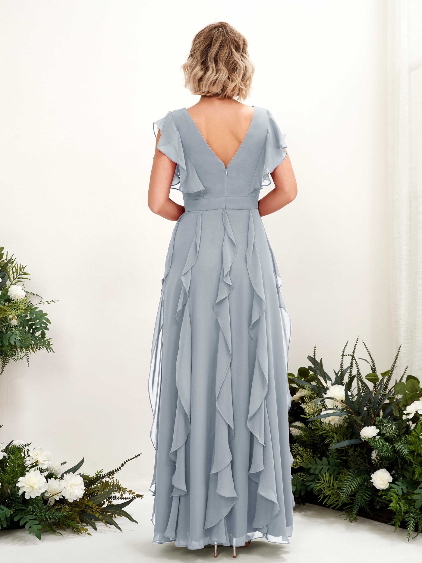 Carlyna Col V Longueur Ras du Sol Froncé Robe de Demoiselle d'Honneur Bleu Poussiéreux Amélioré #couleur_bleu-poussi-reux-am-lior
