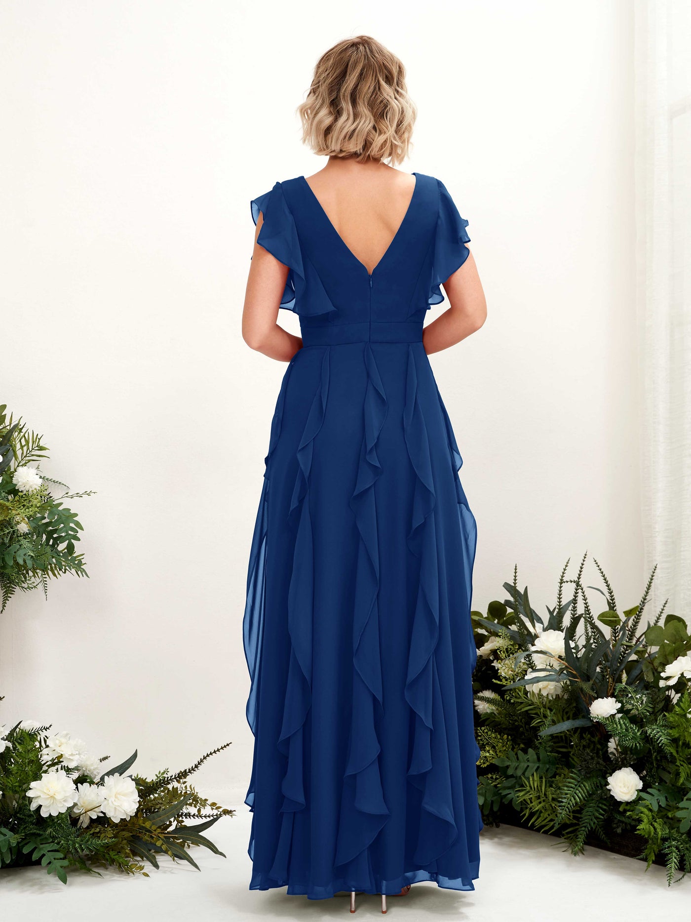Carlyna Col V Longueur Ras du Sol Froncé Robe de Demoiselle d'Honneur Bleu Roi #couleur_bleu-roi