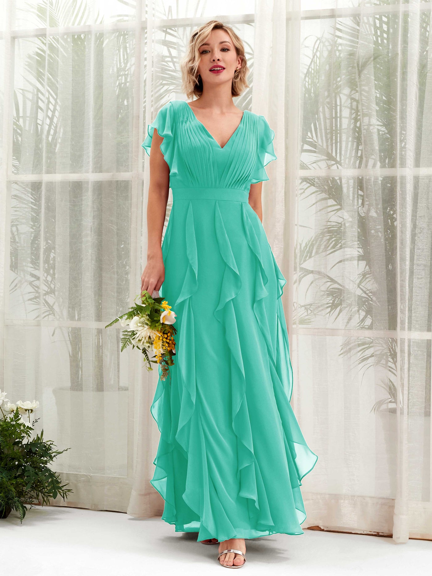 Carlyna Col V Longueur Ras du Sol Froncé Robe de Demoiselle d'Honneur Bleu Tiffany #couleur_bleu-tiffany