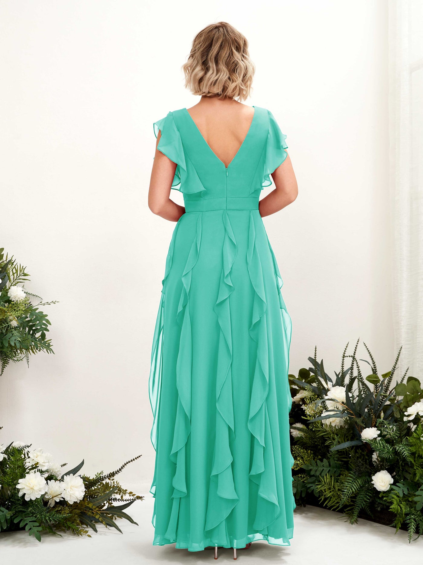 Carlyna Col V Longueur Ras du Sol Froncé Robe de Demoiselle d'Honneur Bleu Tiffany #couleur_bleu-tiffany
