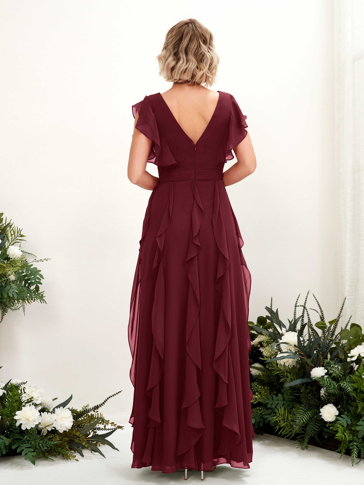 Carlyna Col V Longueur Ras du Sol Froncé Robe de Demoiselle d'Honneur Bordeaux #couleur_bordeaux