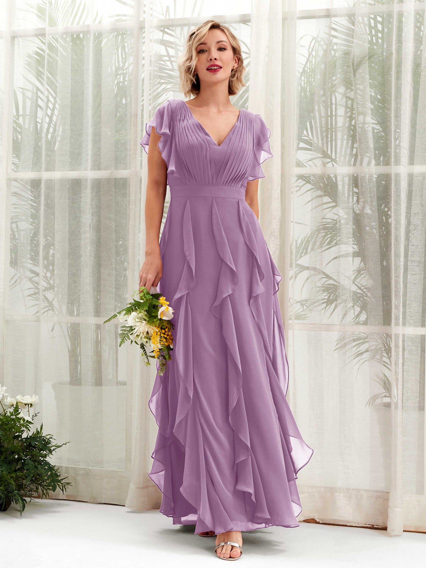 Carlyna Col V Longueur Ras du Sol Froncé Robe de Demoiselle d'Honneur Brume Orchidée #couleur_brume-orchid-e
