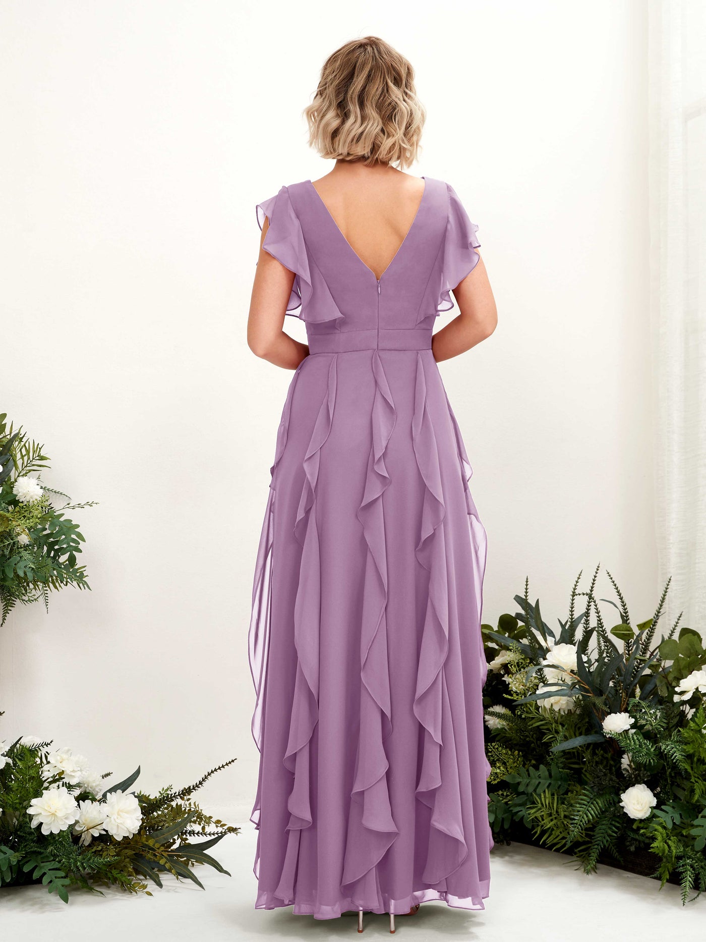 Carlyna Col V Longueur Ras du Sol Froncé Robe de Demoiselle d'Honneur Brume Orchidée #couleur_brume-orchid-e
