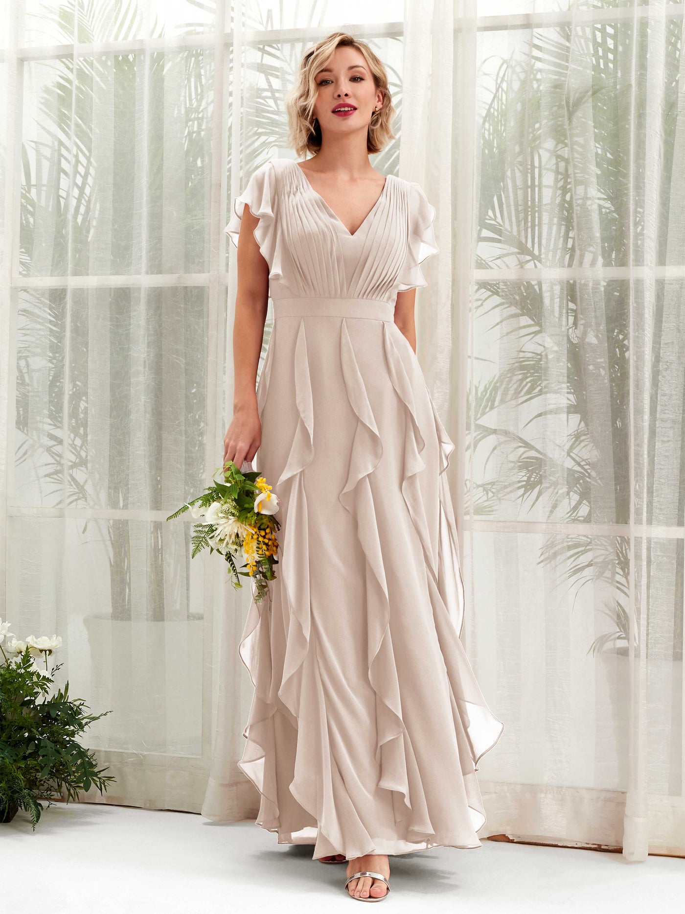 Carlyna Col V Longueur Ras du Sol Froncé Robe de Demoiselle d'Honneur Champagne #couleur_champagne