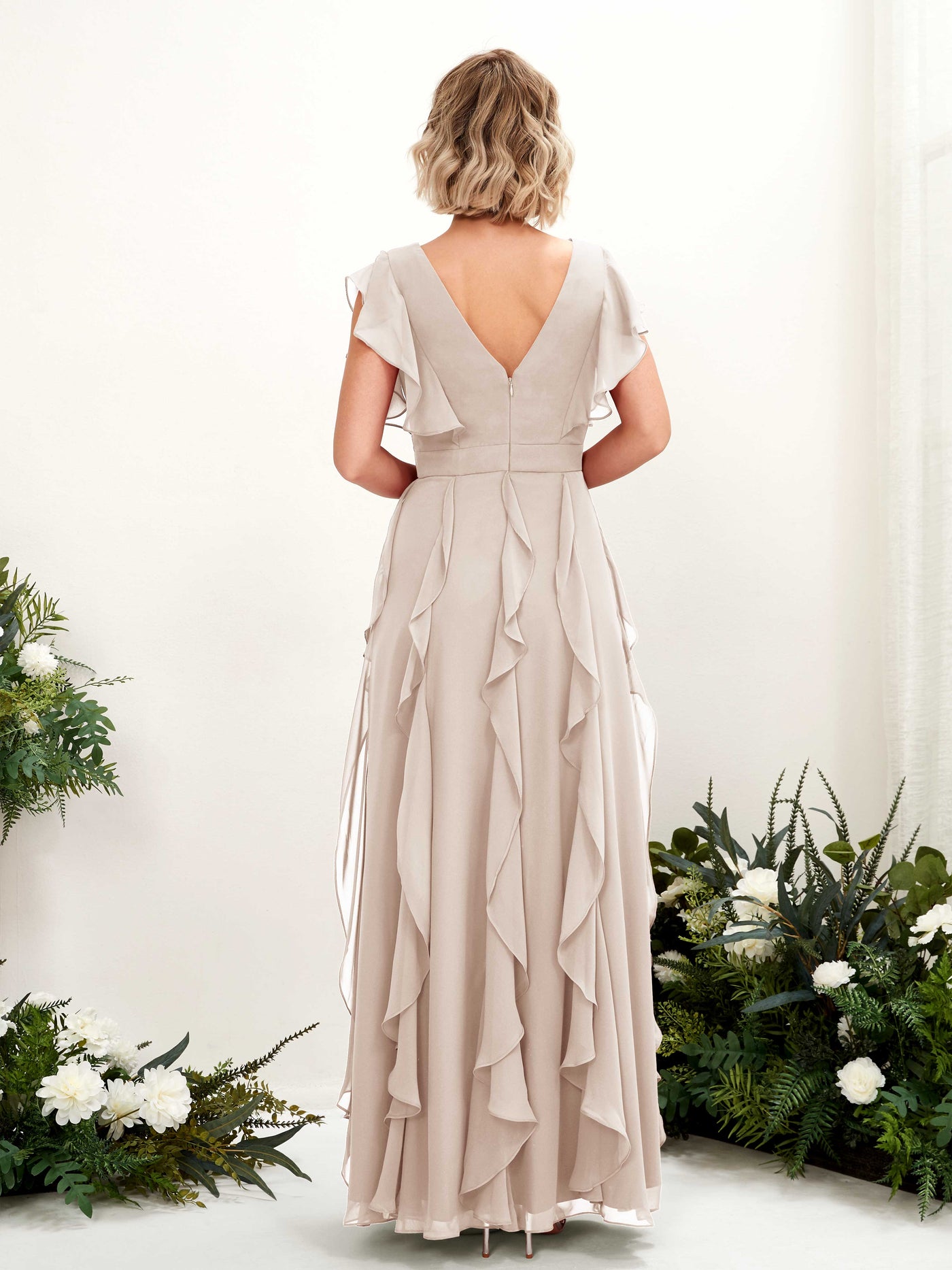 Carlyna Col V Longueur Ras du Sol Froncé Robe de Demoiselle d'Honneur Champagne #couleur_champagne