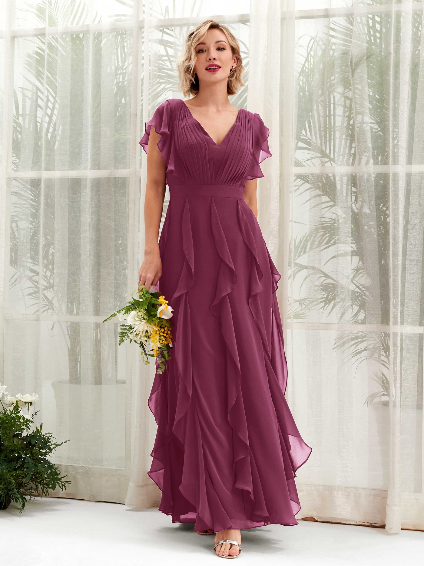 Carlyna Col V Longueur Ras du Sol Froncé Robe de Demoiselle d'Honneur Chianti #couleur_chianti