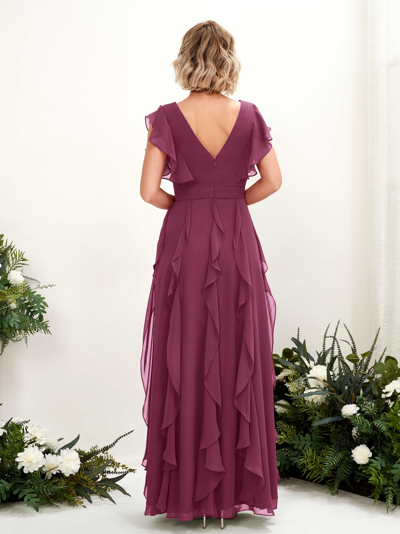 Carlyna Col V Longueur Ras du Sol Froncé Robe de Demoiselle d'Honneur Chianti #couleur_chianti