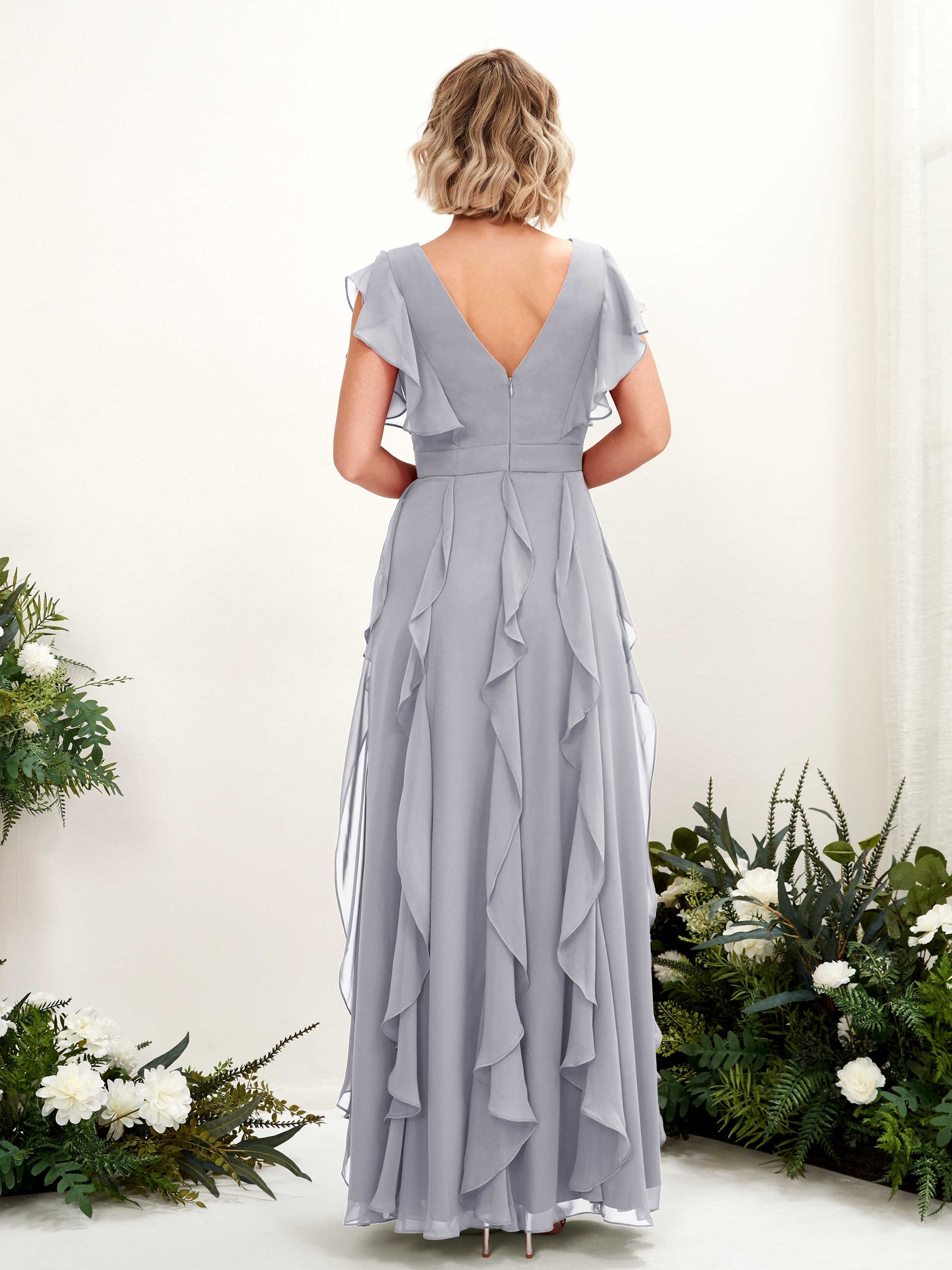 Carlyna Col V Longueur Ras du Sol Froncé Robe de Demoiselle d'Honneur Lavande Poudrée #couleur_lavande-poudr-e
