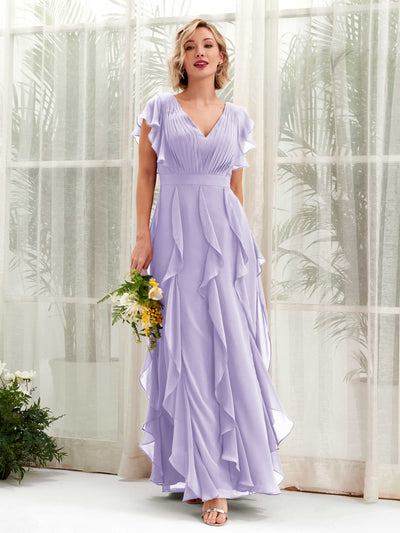 Carlyna Col V Longueur Ras du Sol Froncé Robe de Demoiselle d'Honneur Lilas #couleur_lilas