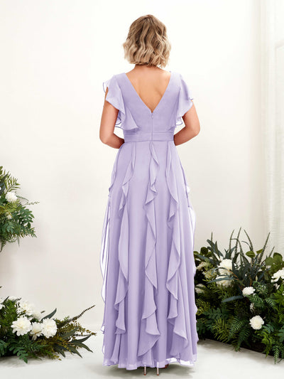 Carlyna Col V Longueur Ras du Sol Froncé Robe de Demoiselle d'Honneur Lilas #couleur_lilas