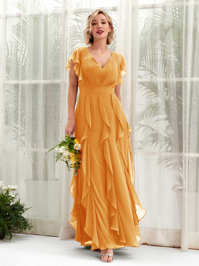 Carlyna Col V Longueur Ras du Sol Froncé Robe de Demoiselle d'Honneur Mangue #couleur_mangue