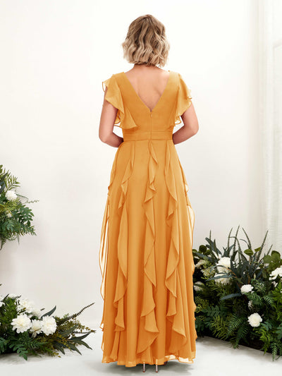 Carlyna Col V Longueur Ras du Sol Froncé Robe de Demoiselle d'Honneur Mangue #couleur_mangue