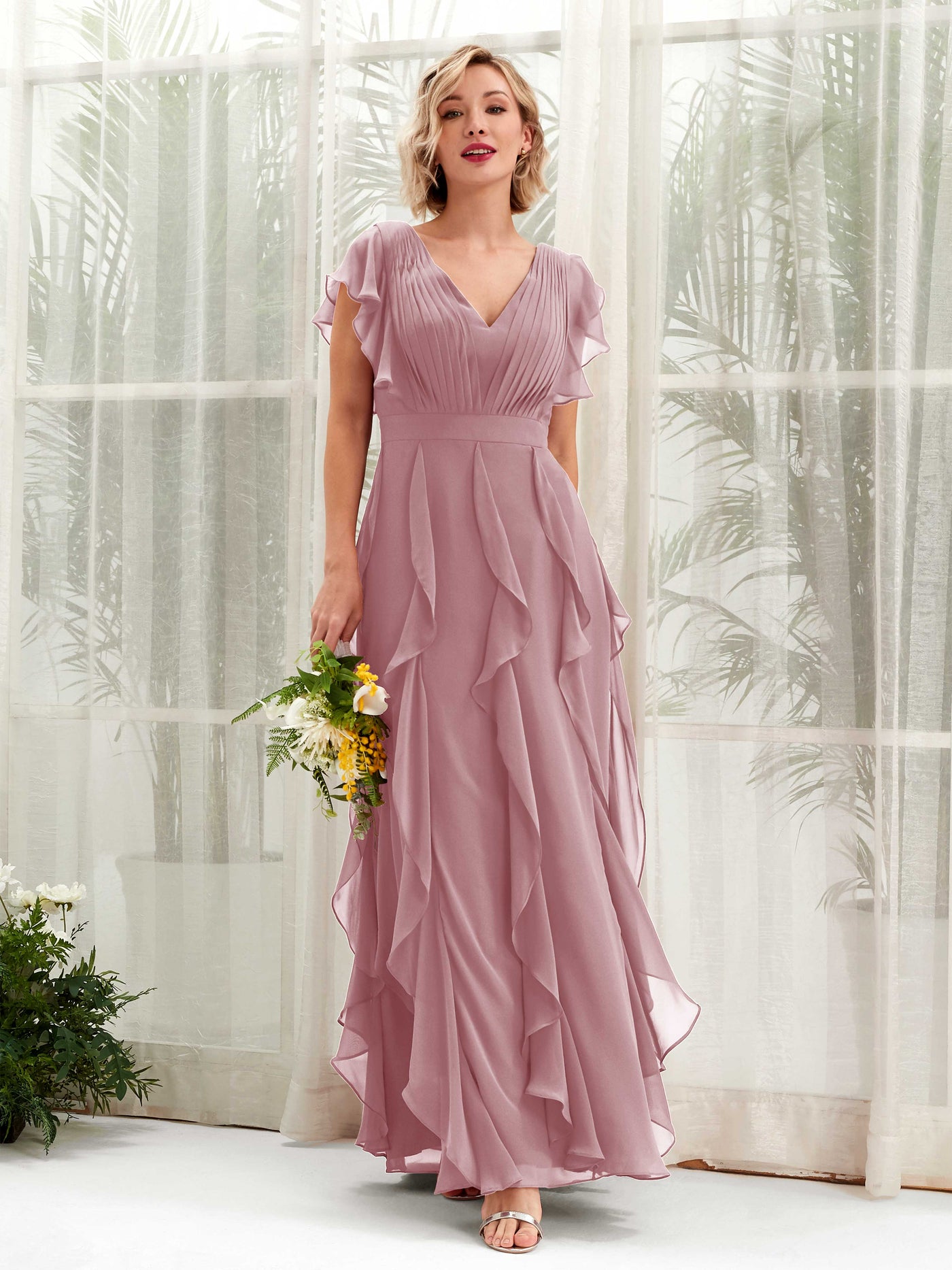 Carlyna Col V Longueur Ras du Sol Froncé Robe de Demoiselle d'Honneur Mauve Vintage #couleur_mauve-vintage