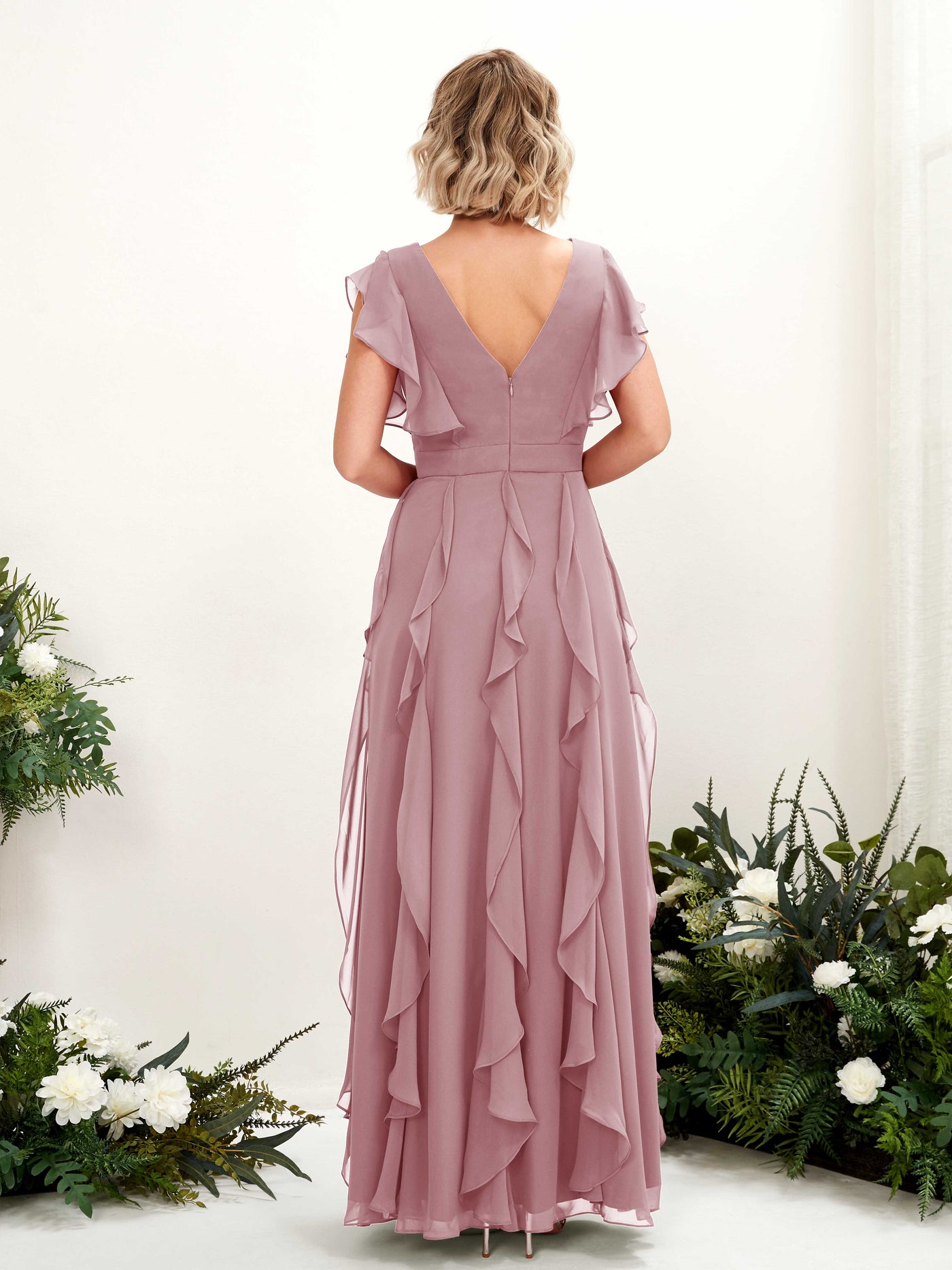 Carlyna Col V Longueur Ras du Sol Froncé Robe de Demoiselle d'Honneur Mauve Vintage #couleur_mauve-vintage