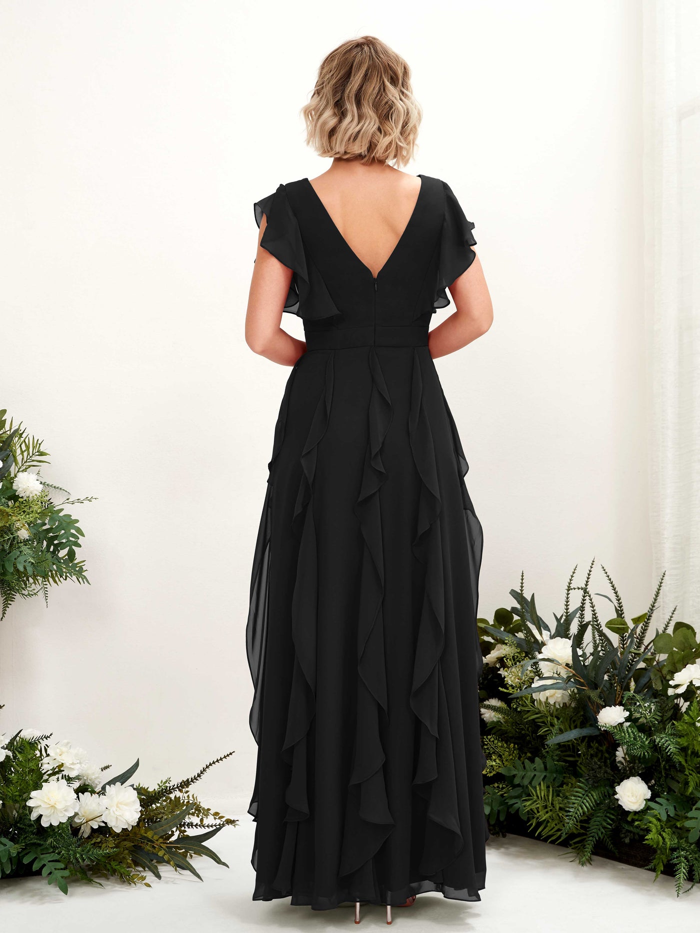 Carlyna Col V Longueur Ras du Sol Froncé Robe de Demoiselle d'Honneur Noir #couleur_noir