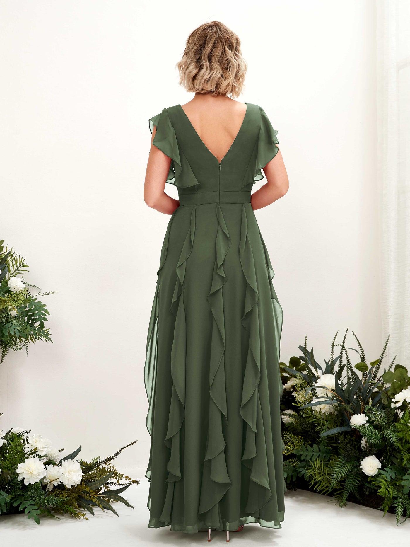 Carlyna Col V Longueur Ras du Sol Froncé Robe de Demoiselle d'Honneur Olive Martini #couleur_olive-martini