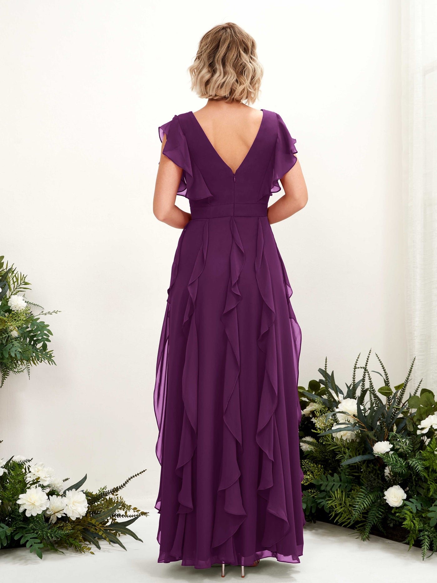 Carlyna Col V Longueur Ras du Sol Froncé Robe de Demoiselle d'Honneur Pourpre #couleur_pourpre