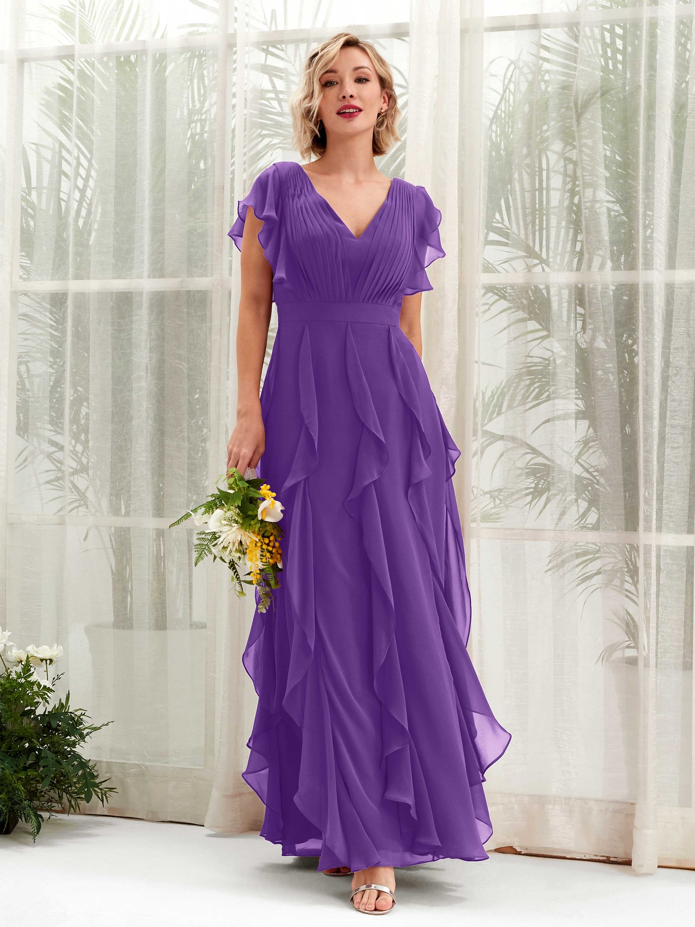 Carlyna Col V Longueur Ras du Sol Froncé Robe de Demoiselle d'Honneur Régence #couleur_r-gence
