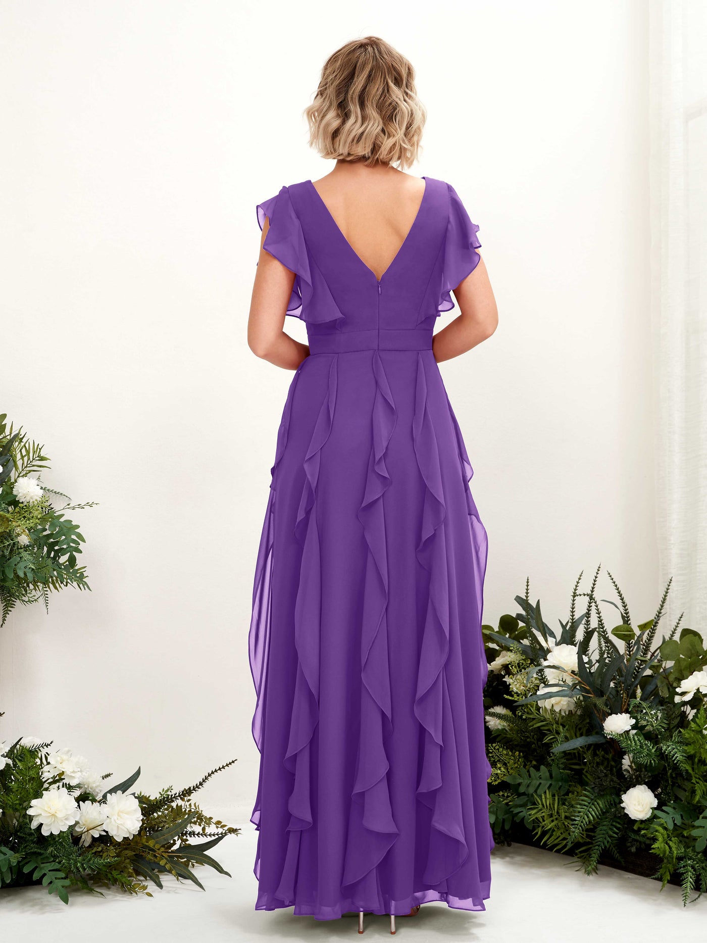 Carlyna Col V Longueur Ras du Sol Froncé Robe de Demoiselle d'Honneur Régence #couleur_r-gence