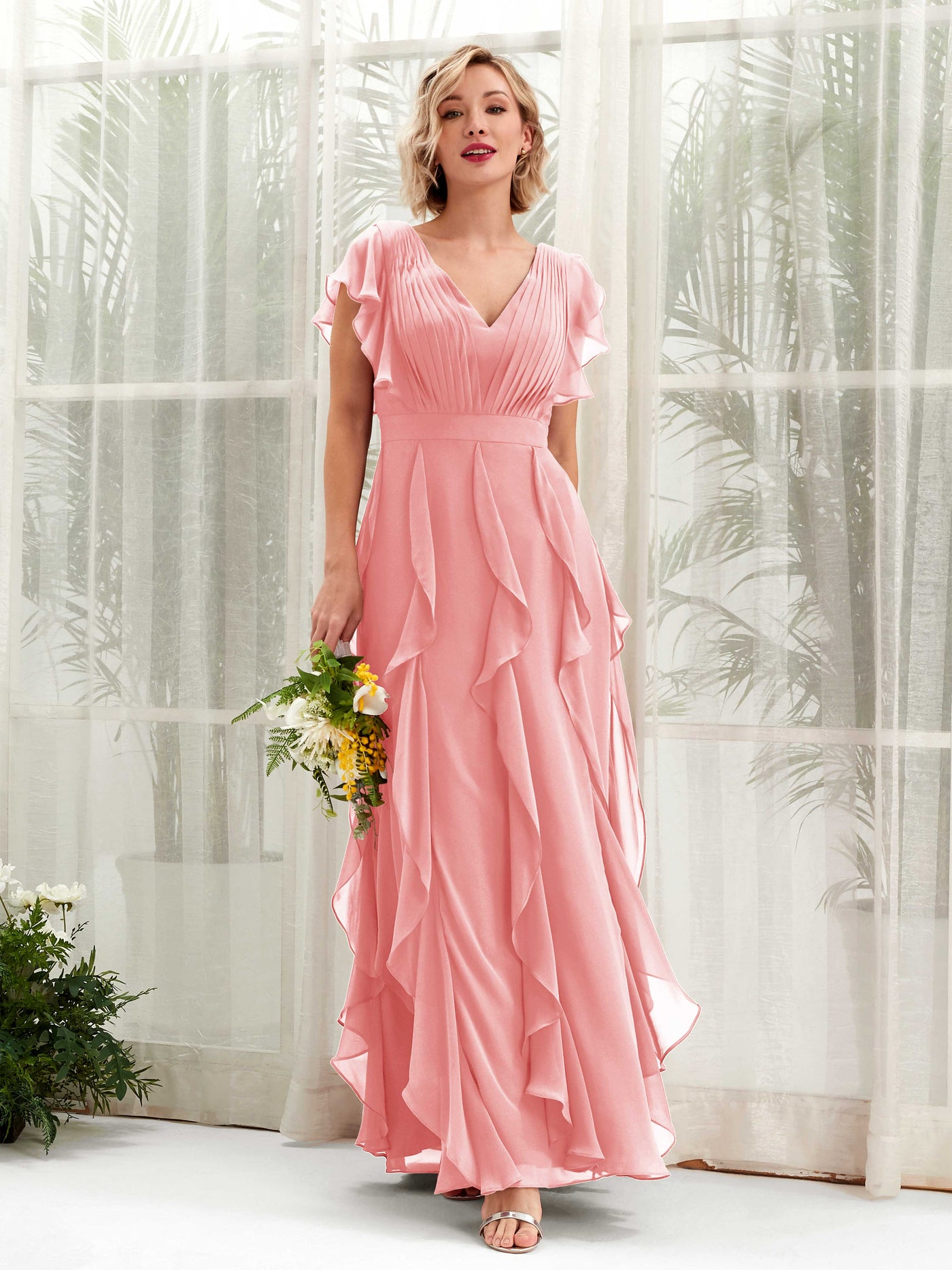 Carlyna Col V Longueur Ras du Sol Froncé Robe de Demoiselle d'Honneur Rose Ballet #couleur_rose-ballet
