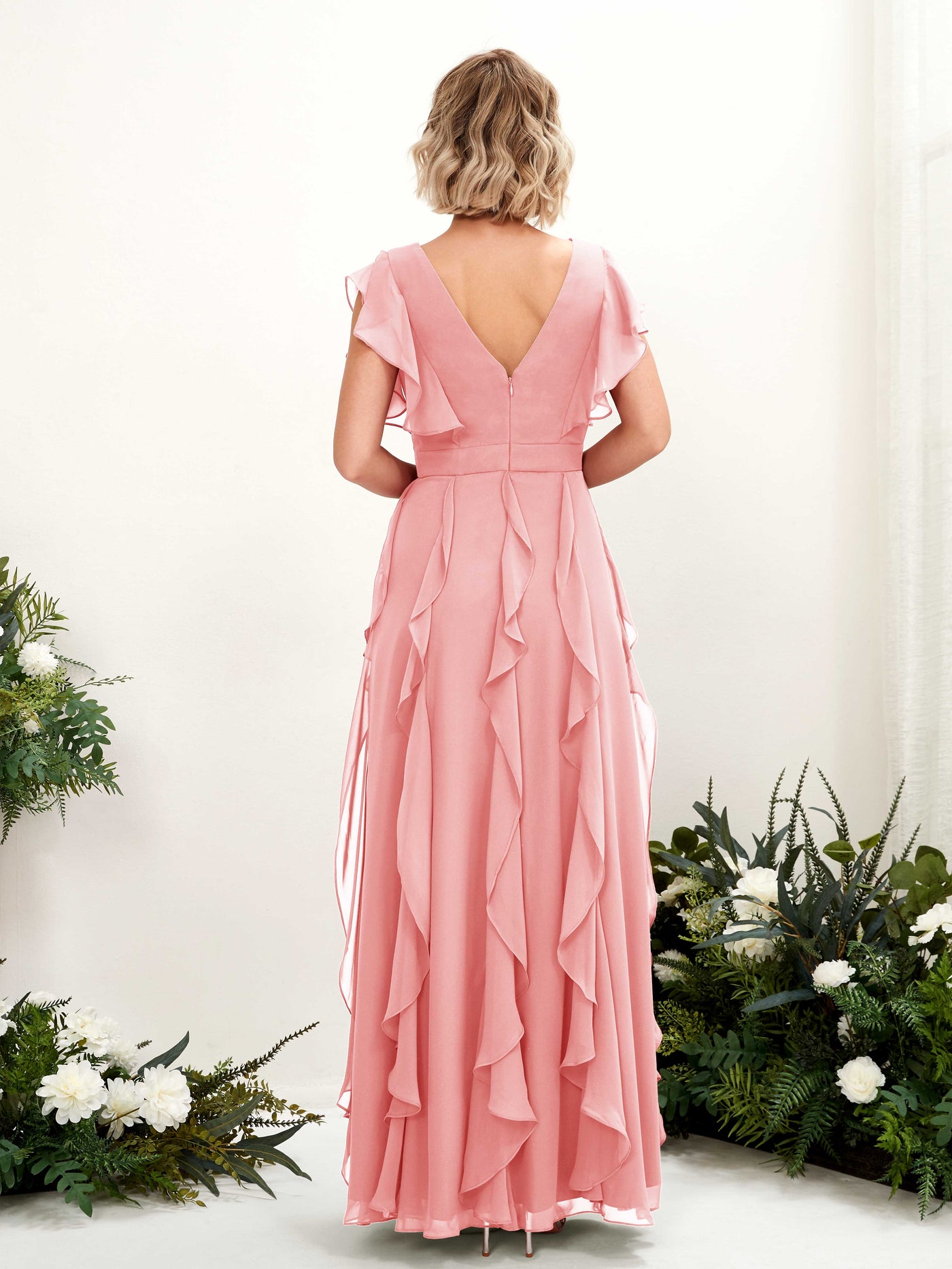 Carlyna Col V Longueur Ras du Sol Froncé Robe de Demoiselle d'Honneur Rose Ballet #couleur_rose-ballet