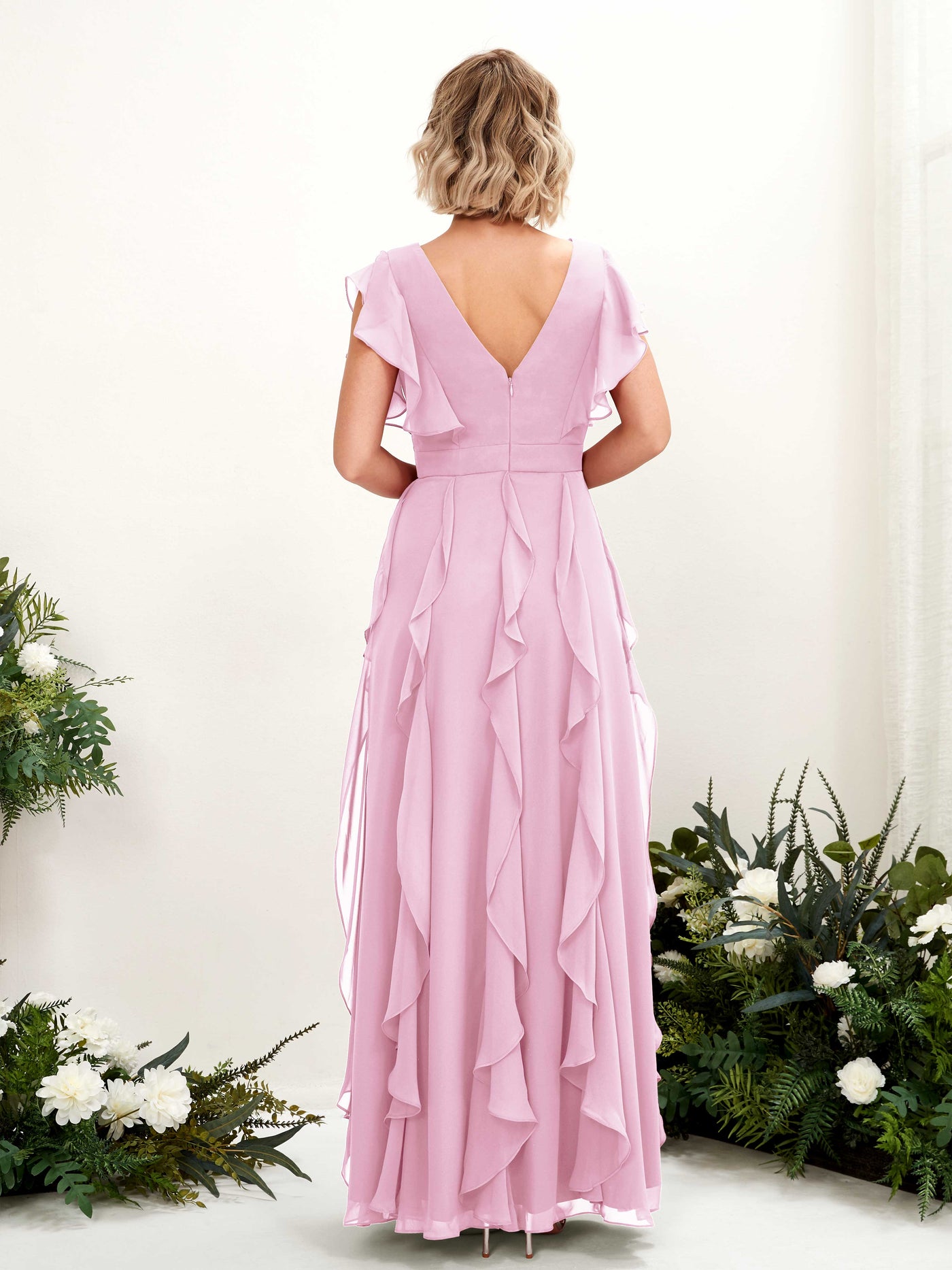 Carlyna Col V Longueur Ras du Sol Froncé Robe de Demoiselle d'Honneur Rose Bonbon #couleur_rose-bonbon