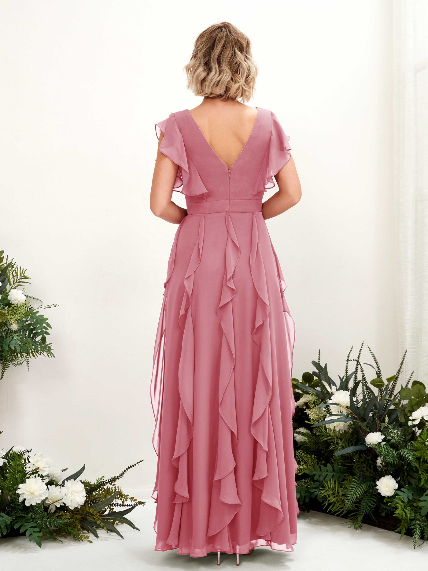 Carlyna Col V Longueur Ras du Sol Froncé Robe de Demoiselle d'Honneur Rose Du Désert #couleur_rose-du-d-sert