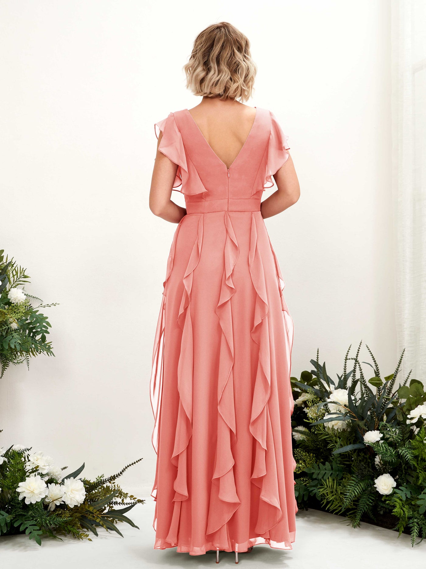 Carlyna Col V Longueur Ras du Sol Froncé Robe de Demoiselle d'Honneur Rose Pêche #couleur_rose-p-che