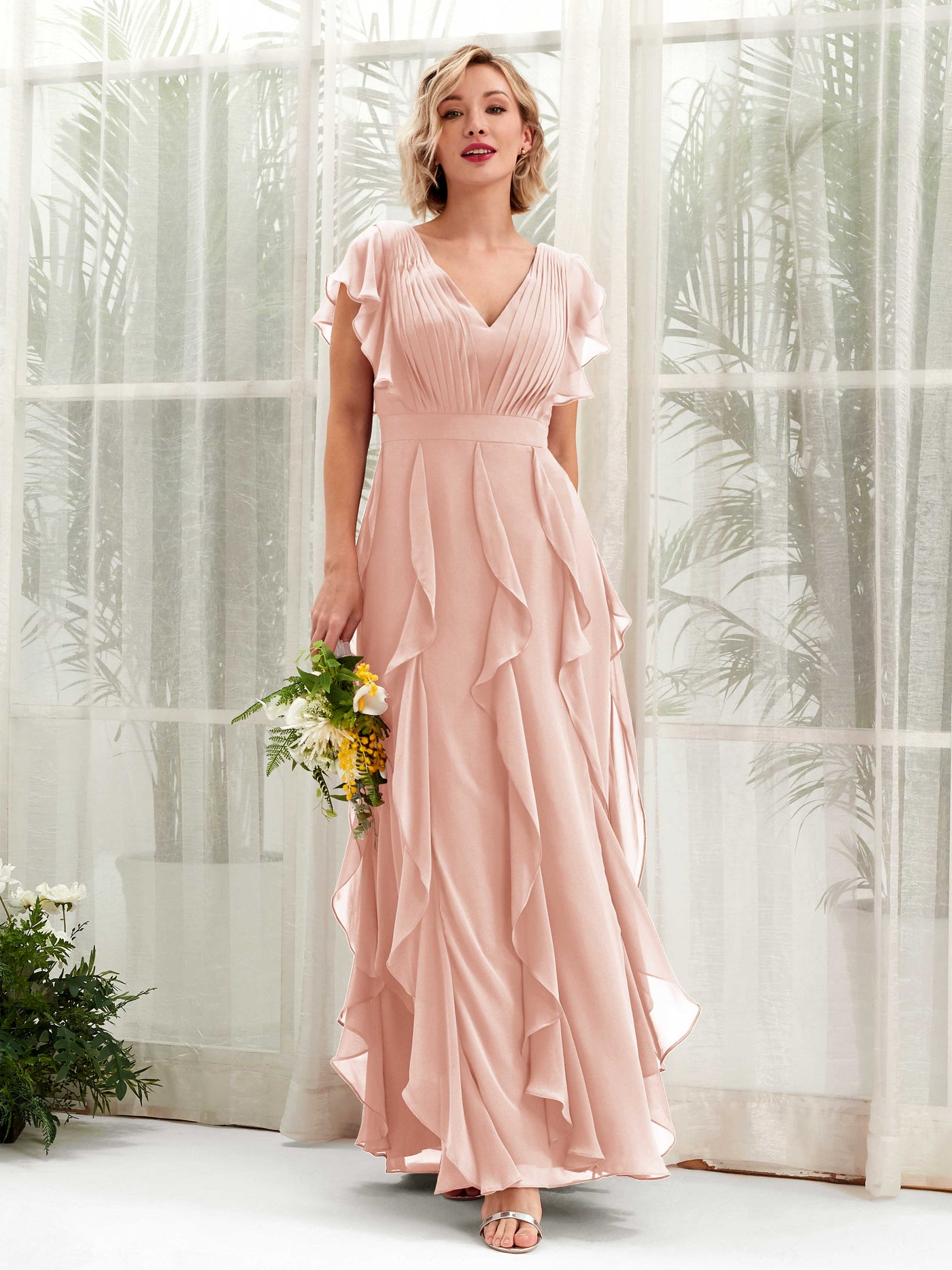 Carlyna Col V Longueur Ras du Sol Froncé Robe de Demoiselle d'Honneur Rose Perle #couleur_rose-perle