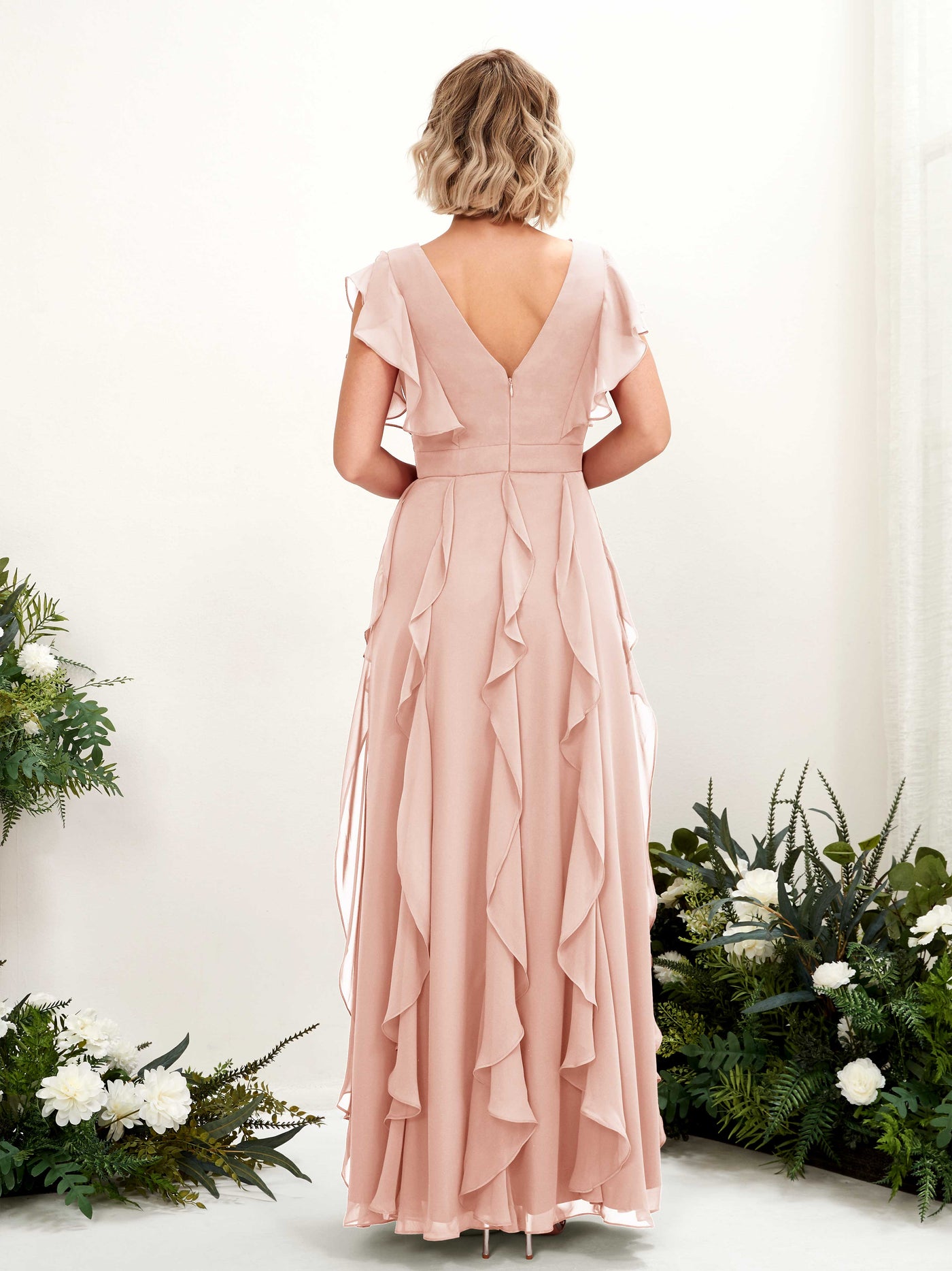 Carlyna Col V Longueur Ras du Sol Froncé Robe de Demoiselle d'Honneur Rose Perle #couleur_rose-perle