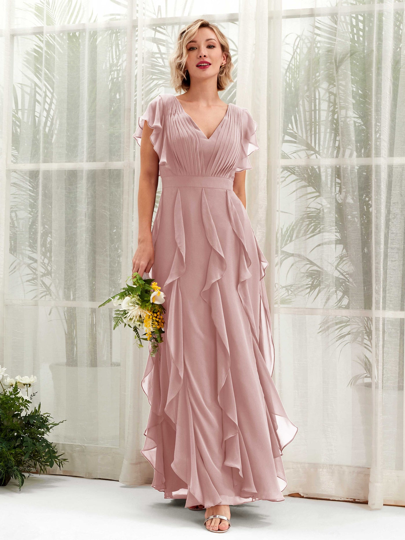 Carlyna Col V Longueur Ras du Sol Froncé Robe de Demoiselle d'Honneur Rose Poussiéreux #couleur_rose-poussi-reux
