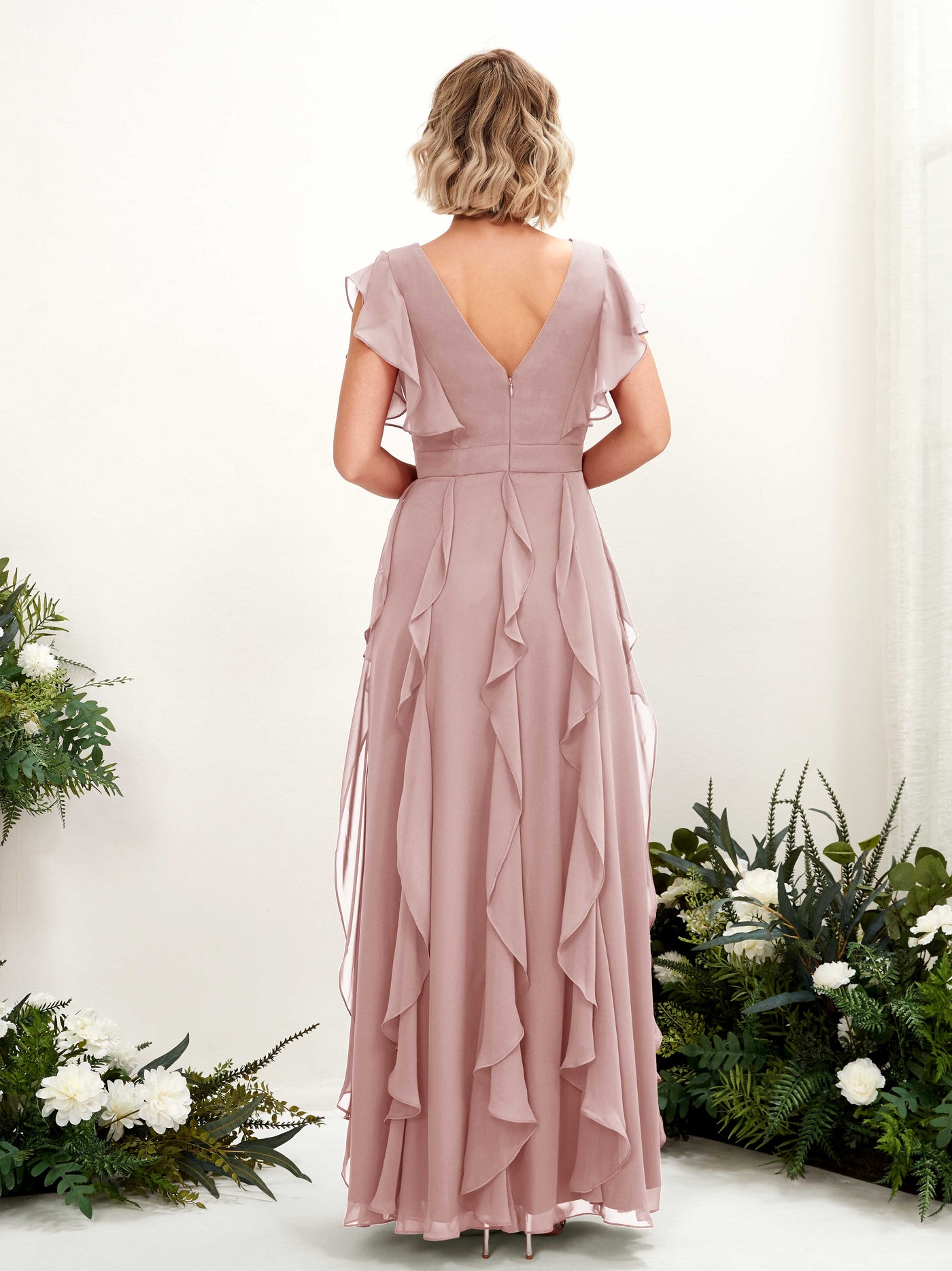Carlyna Col V Longueur Ras du Sol Froncé Robe de Demoiselle d'Honneur Rose Poussiéreux #couleur_rose-poussi-reux
