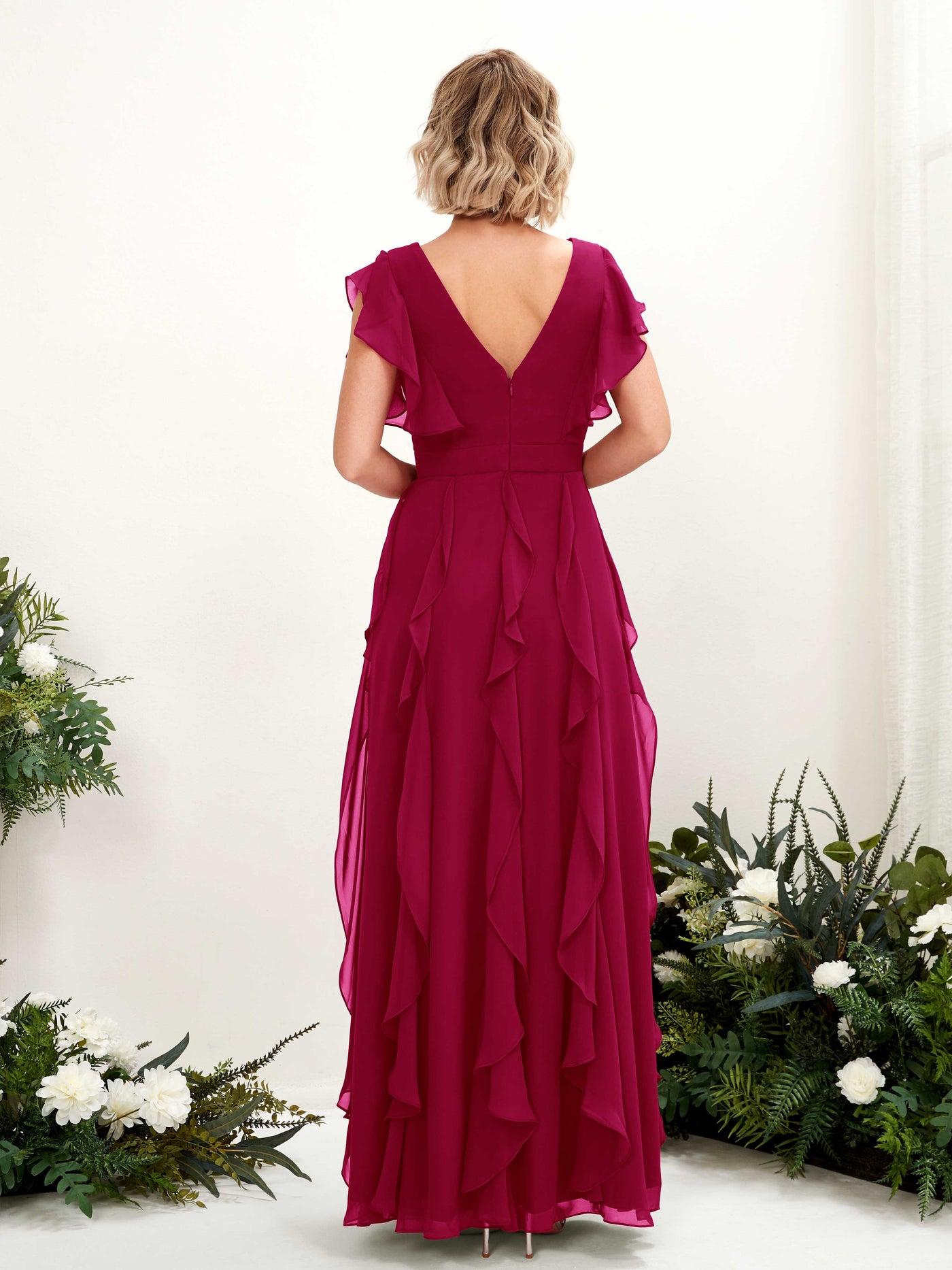 Carlyna Col V Longueur Ras du Sol Froncé Robe de Demoiselle d'Honneur Rouge Bouffon #couleur_rouge-bouffon