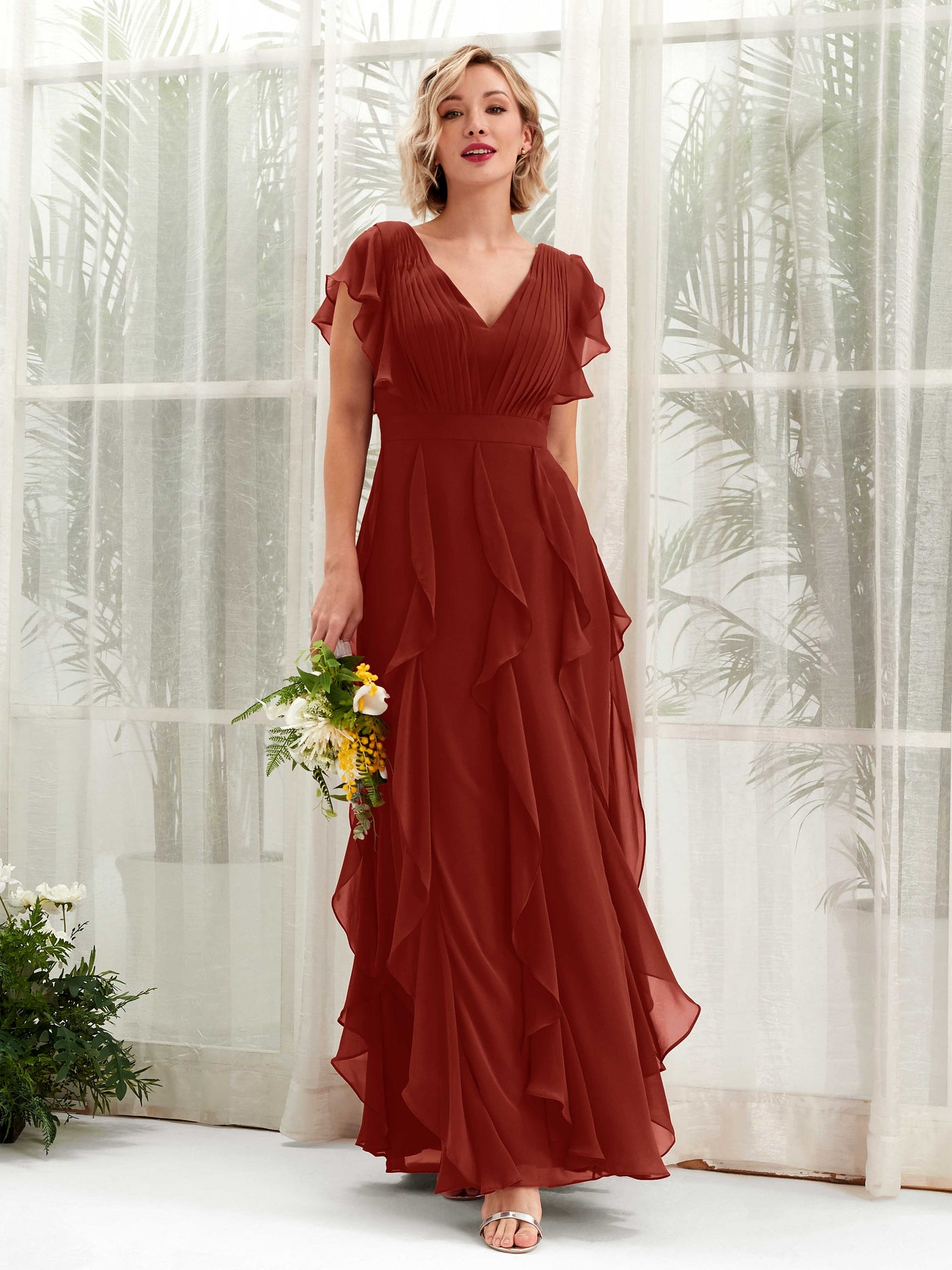 Carlyna Col V Longueur Ras du Sol Froncé Robe de Demoiselle d'Honneur Rouille #couleur_rouille