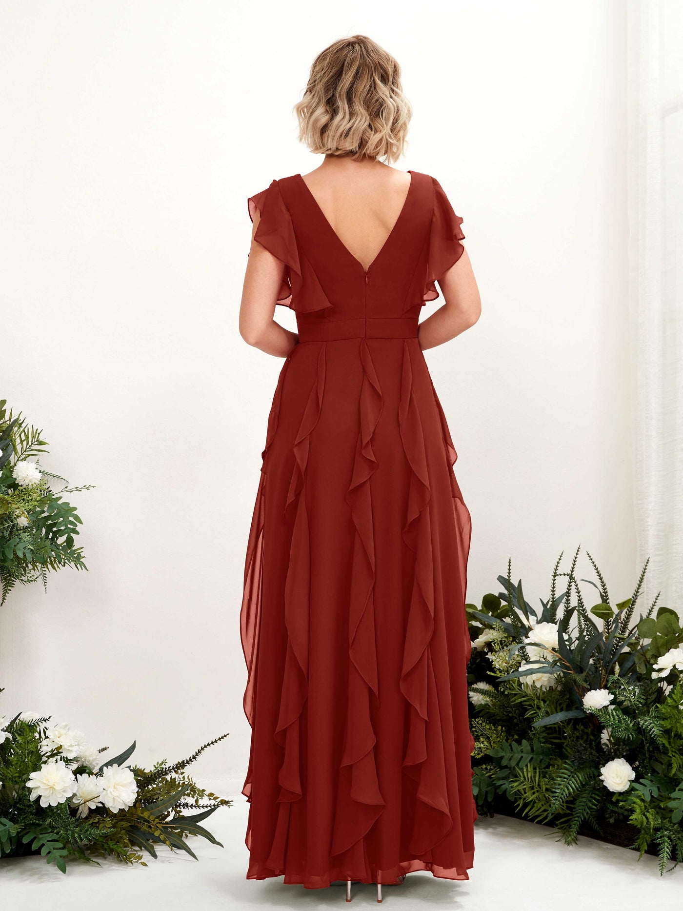 Carlyna Col V Longueur Ras du Sol Froncé Robe de Demoiselle d'Honneur Rouille #couleur_rouille