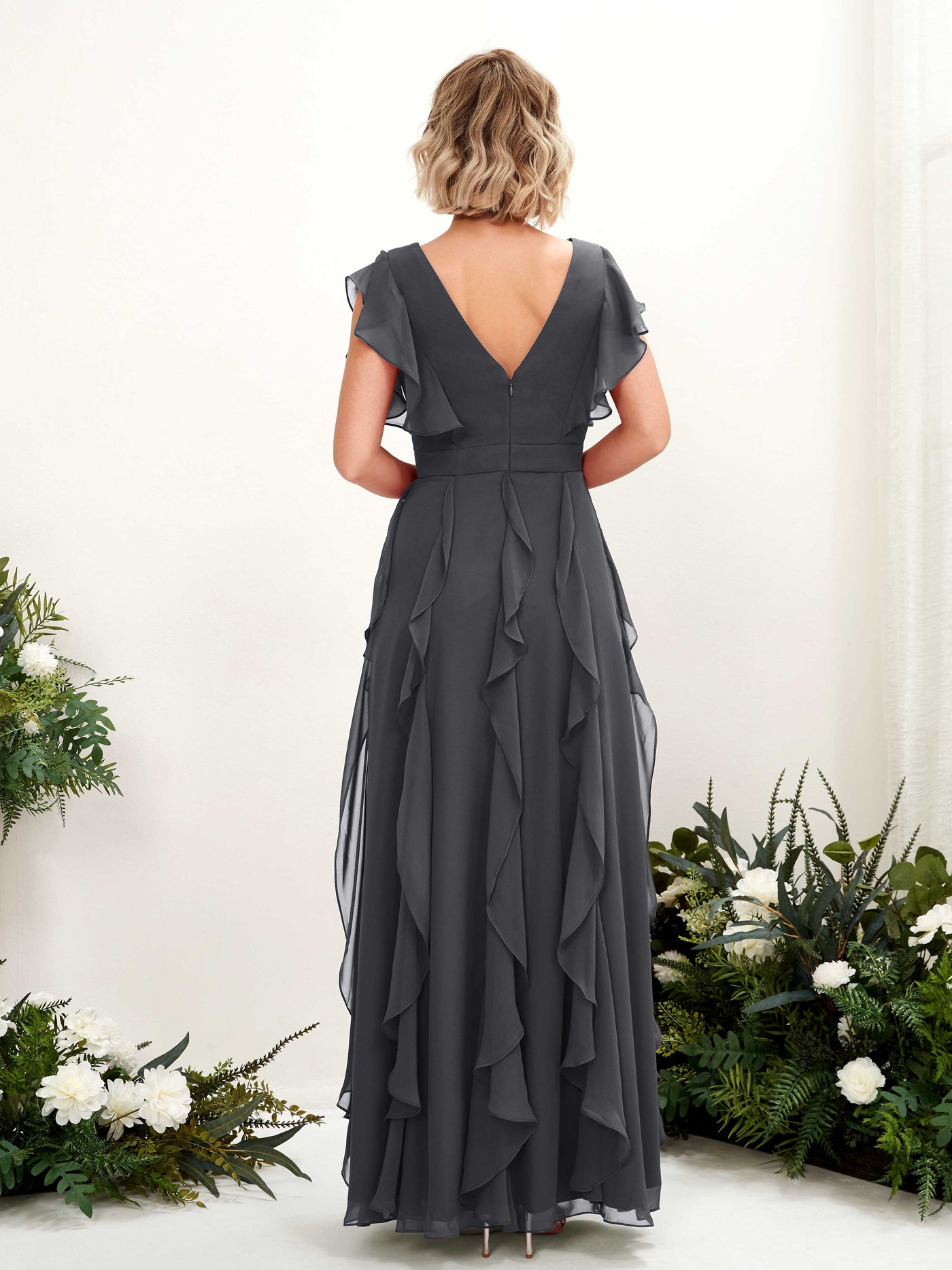 Carlyna Col V Longueur Ras du Sol Froncé Robe de Demoiselle d'Honneur Étain #couleur_tain