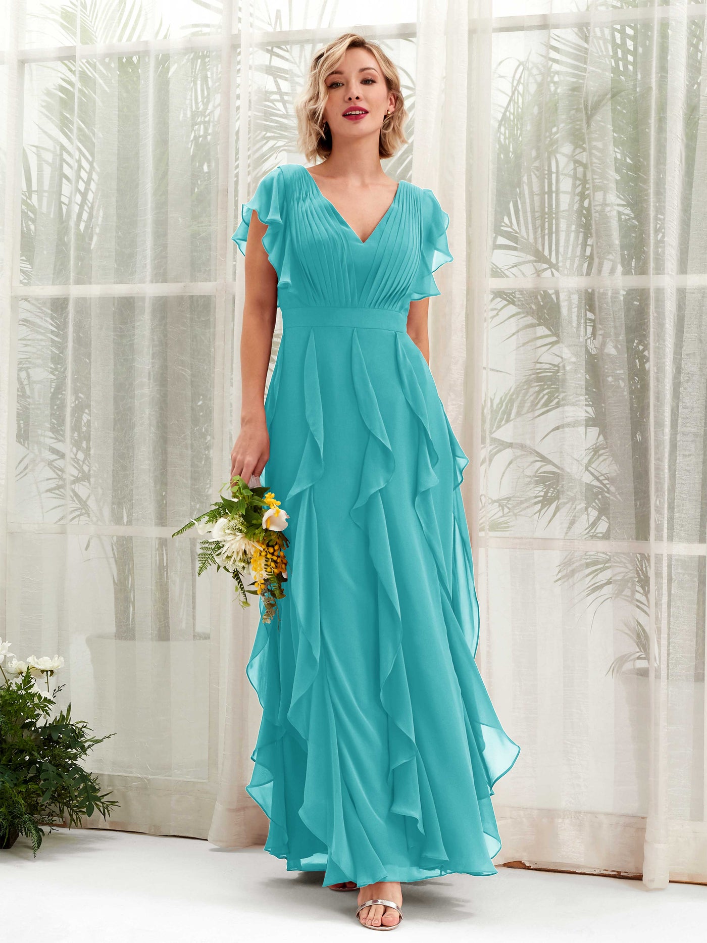 Carlyna Col V Longueur Ras du Sol Froncé Robe de Demoiselle d'Honneur Turquoise #couleur_turquoise