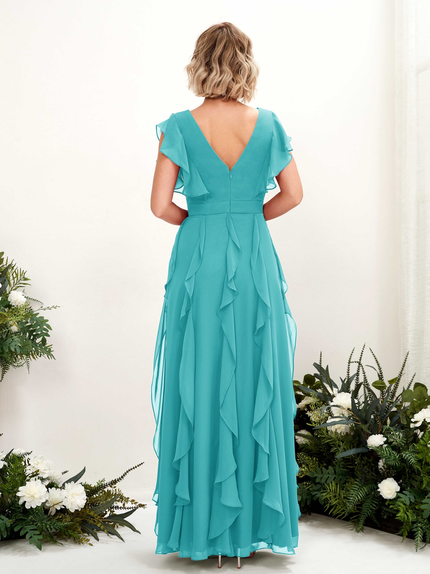 Carlyna Col V Longueur Ras du Sol Froncé Robe de Demoiselle d'Honneur Turquoise #couleur_turquoise