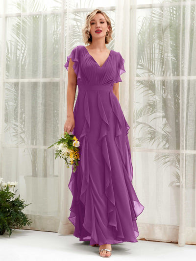 Carlyna Col V Longueur Ras du Sol Froncé Robe de Demoiselle d'Honneur Violet #couleur_violet