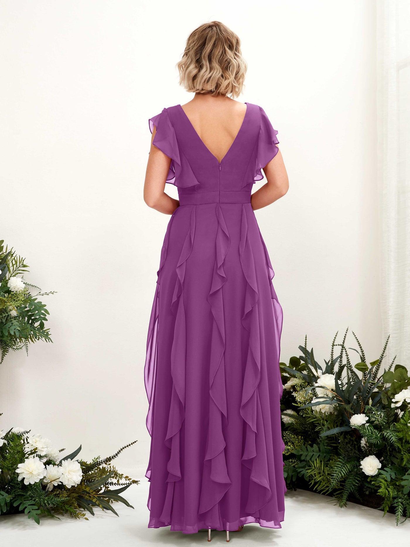 Carlyna Col V Longueur Ras du Sol Froncé Robe de Demoiselle d'Honneur Violet #couleur_violet