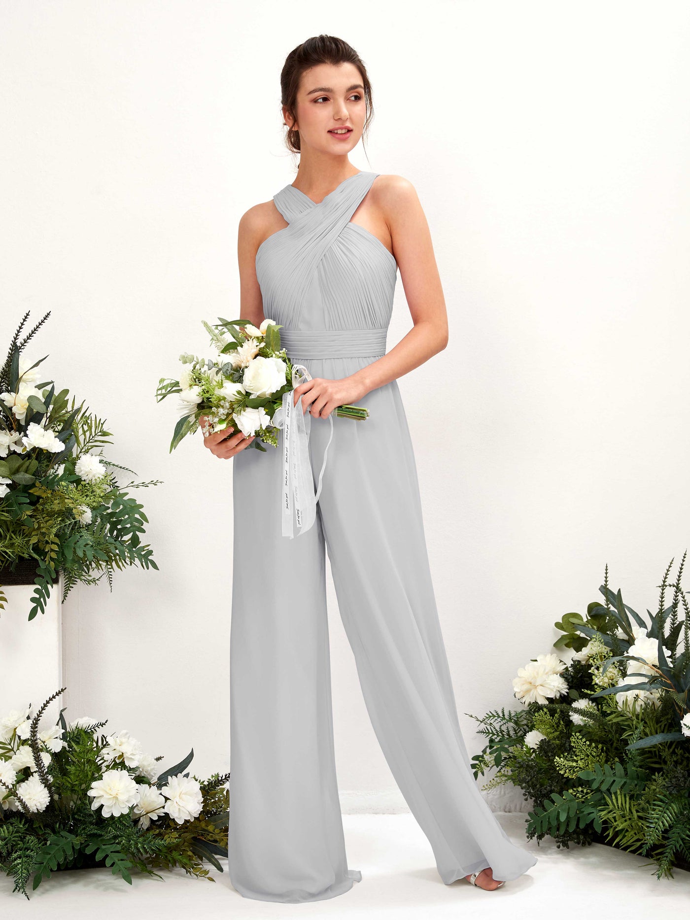 Carlyna Combinaison Encolure croisée Longueur ras du sol Mousseline froncé Robes de demoiselle d'honneur Argent #couleur_argent