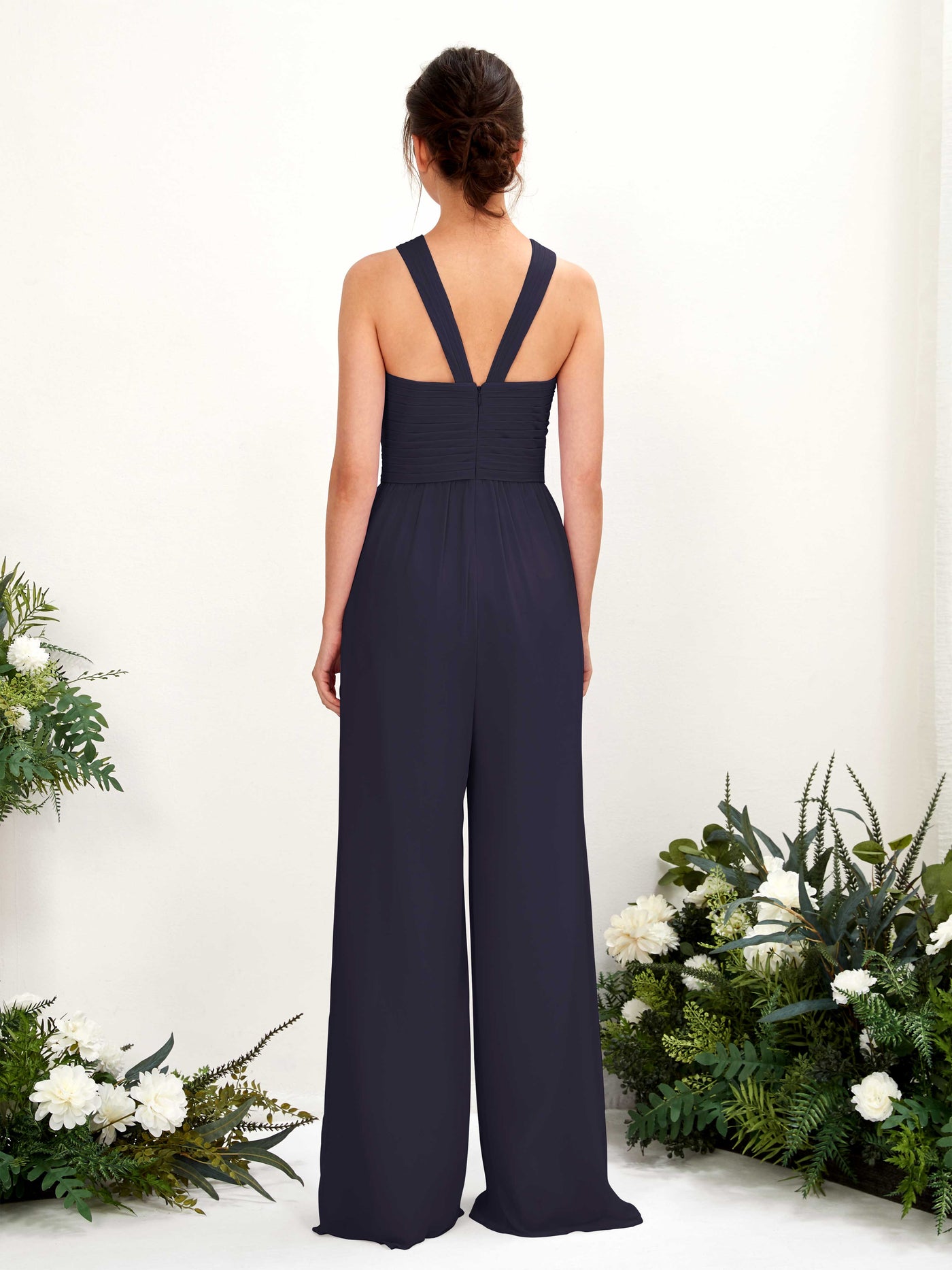 Carlyna Combinaison Encolure croisée Longueur ras du sol Mousseline froncé Robes de demoiselle d'honneur Bleu Marine Foncé #couleur_bleu-marine-fonc