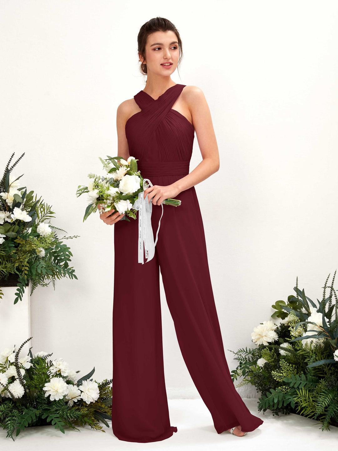 Carlyna Combinaison Encolure croisée Longueur ras du sol Mousseline froncé Robes de demoiselle d&