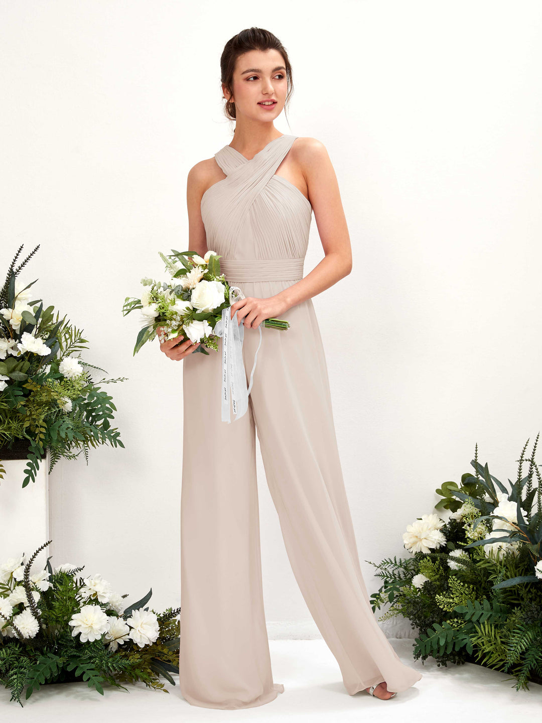 Carlyna Combinaison Encolure croisée Longueur ras du sol Mousseline froncé Robes de demoiselle d&